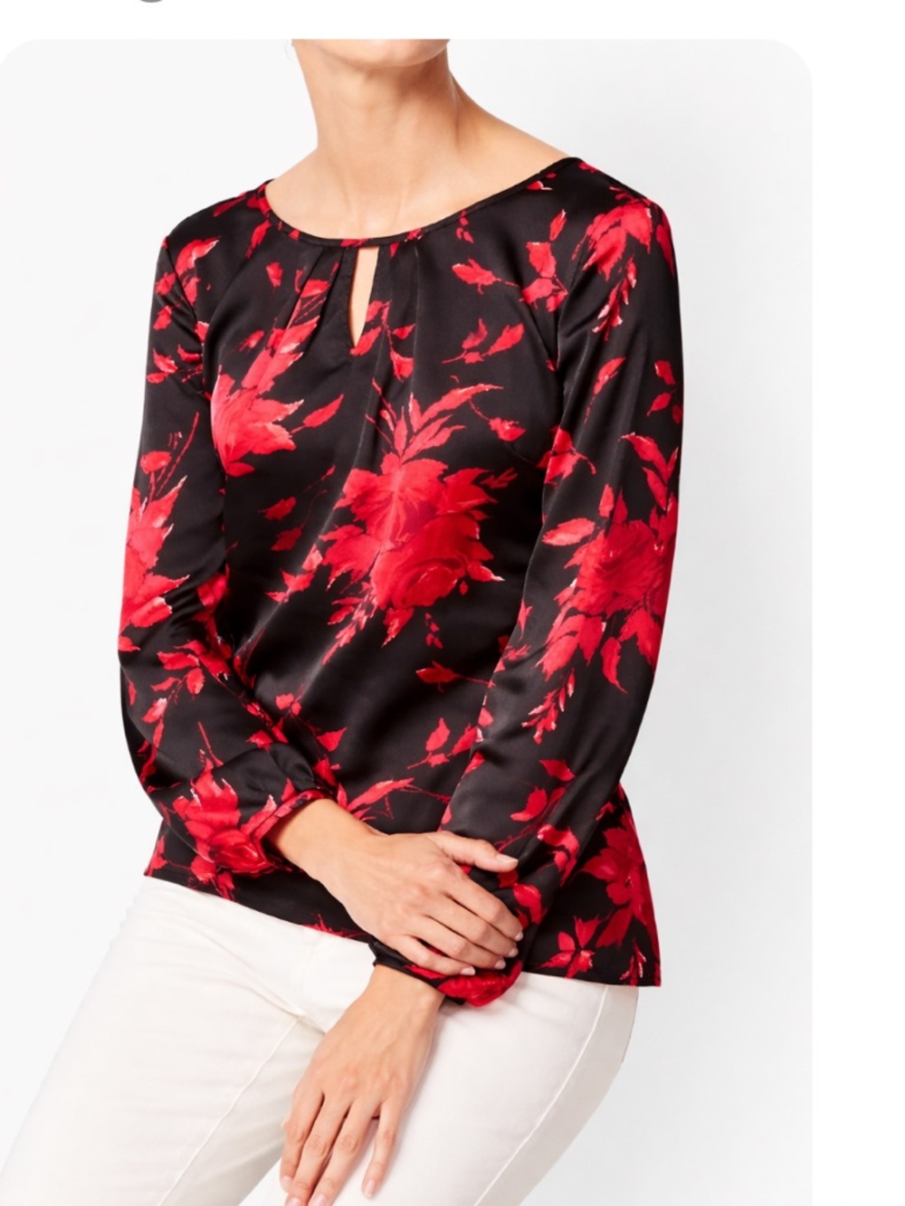 Talbots Black Red Floral Satin Keyhole Blouse Medium Long Sleeve Career Top